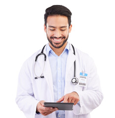 Doctor, asian man and reading on tablet for information in png or transparent and isolated background. Research, smile and medical professional with tech or online app for communication is happy.