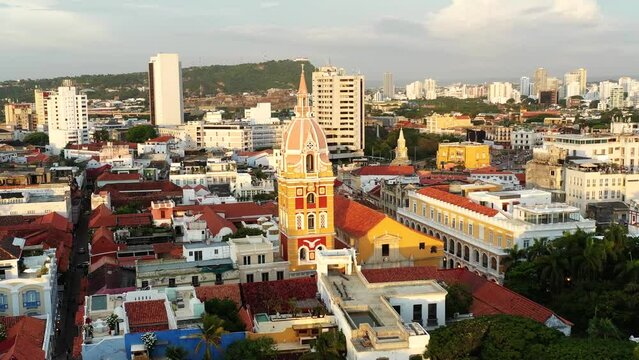 The colorful spire of the church of Santa Catalina in Colombia.