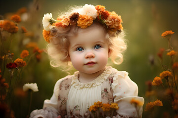 portrait of a baby in a meadow of flowers