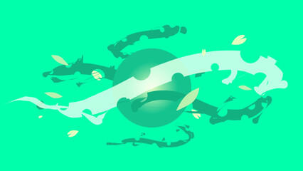 Illustration of Anime Styled Green Energy Ball with Green Environmentalism Floating Leaf and Petals