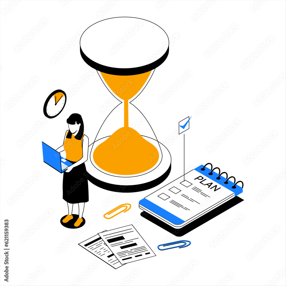 Poster Time management. People organize productive work and effective task schedule. Hourglass and goals planner. Deadline clock. Office worker with laptop. Efficient workflow. Vector concept
