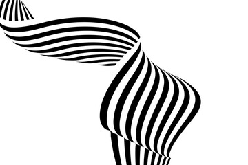 Abstract stripe wave with black and white line. Backdrop geometric bent ribbon for banner, poster, cover, web. Creative wave line 3d optical op art for dynamic design. Vector illustration.