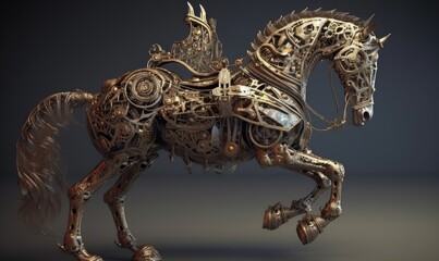 With noble grace and steadfast determination, the anthropomorphic horse commands the battlefield in military armor. Creating using generative AI tools
