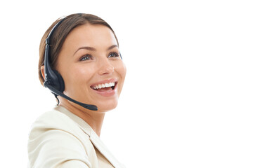 Call center, face and woman with headset, CRM and communication with telecom on transparent png...