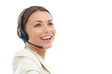 Call center, face and woman with headset, CRM and communication with telecom on transparent png background. Help desk, telemarketing and customer service with female consultant, smile and contact us