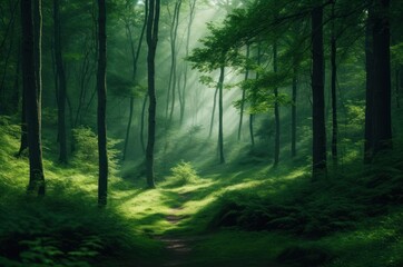 Rich forest background created with, fullness of green plants, fresh air. AI.Generative AI