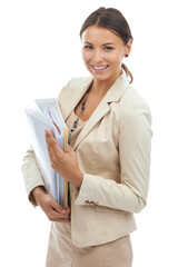 Business, woman and portrait with files is happy in png or isolated and transparent background with...