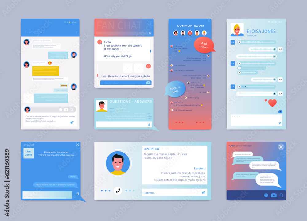 Aufkleber Live chat app. UI UX chatbot design. Smartphone screen of web support. Text messages on website page. Instant form. Mobile group communication. Vector phone messenger interface template