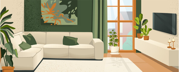 House living room. Interior decor. Cupboard for books. Modern furniture. Cozy or hygge apartments. Comfortable sofa with cushions. Houseplants win flowerpots. Vector cartoon illustration