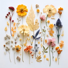 pressed flowers flat lay isolated on white background made with generative ai