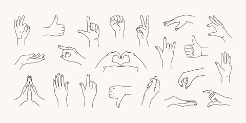 Fototapeta na wymiar Hand icons. Line finger pointing, different gestures, outline arm hold, sketch love sign, open woman fist, peace and victory, symbols, elegant isolated elements, vector clipart set