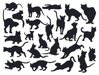 Black cats. Kitten silhouettes, outline animals in different poses, sit, eating and standing, veterinarian sketch. Various breeds pets. Playful kitty, cute character. Vector isolated icons set