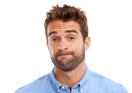 Portrait, man and thinking with doubt or unsure in png or transparent, isolated background. Thoughtful, face and guy with uncertain expression with options or question with brainstorming or confused.