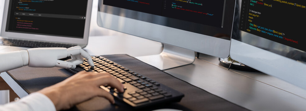 Program coding automation by generative artificial intelligence or AI concept. Collaboration between robotic hand and human software developer solving, debugging or writing script.Trailblazing
