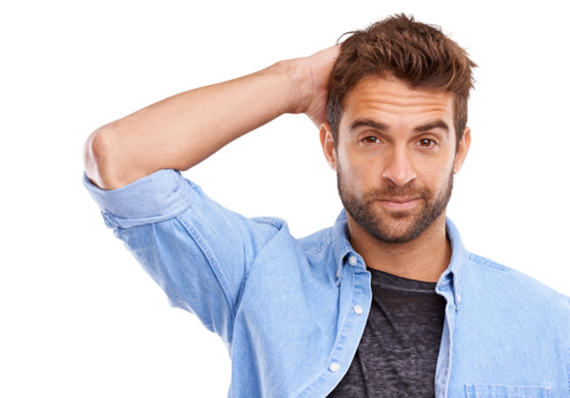 Man, unsure and head scratch with doubt in portrait, casual clothes and mindset isolated on transparent png background. Facial expression, puzzled or confused look with male person in denim shirt