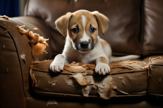 naughty jack russell puppy dog lying in mess on chewed up lounge, made with generative ai