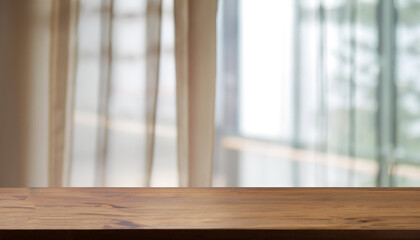Wooden table in front of blurred transparent window curtain background