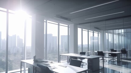 Daytime office space with row of working office table and work station unit modern interior office design,Generative AI