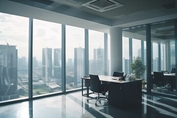 Daytime office space with row of working office table and work station unit modern interior office design,Generative AI