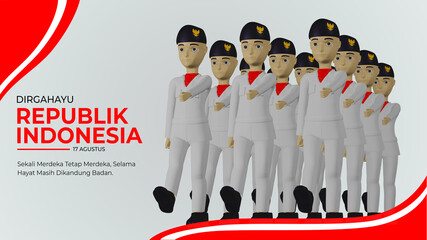 August 17 red and white flag raising troop illustration poster. Indonesian Independence day