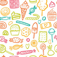 Vector pattern from a collection of candies and various sweets, hand-drawn in the style of doodles
