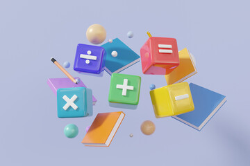 Book mathematic calculation learning education concept. basic math operation colorful icon symbols math, plus, minus, multiplication, number divide. Minimal cartoon style. 3d rendering illustration - obrazy, fototapety, plakaty