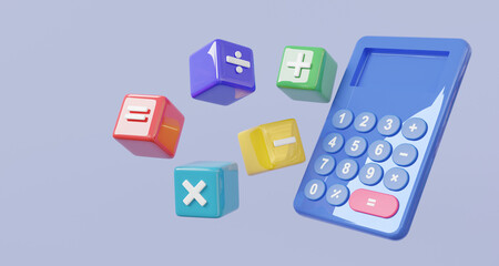 Calculator basic knowledge math operation colorful symbols simple math, plus, minus, multiplication, number divide, mathematic learning education concept. floating on purple background. 3d rendering