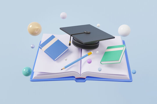 Open book knowledge floating on purple pastel background. Graduation cap congratulations and with reading writing training learning online education concept. 3d rendering illustration