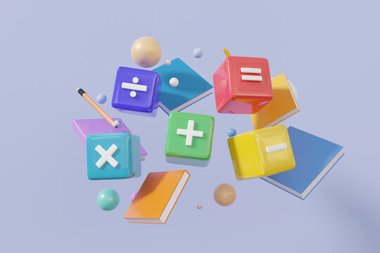 Book mathematic calculation learning education concept. basic math operation colorful icon symbols math, plus, minus, multiplication, number divide. Minimal cartoon style. 3d rendering illustration