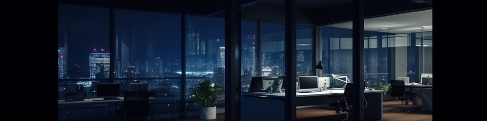 night time office space with row of working office table and work station unit modern interior...