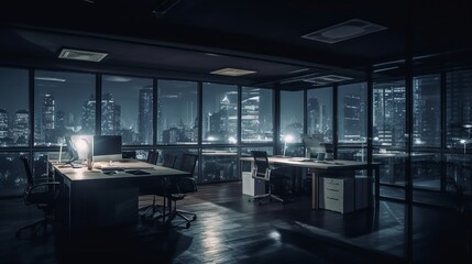 night time office space with row of working office table and work station unit modern interior...