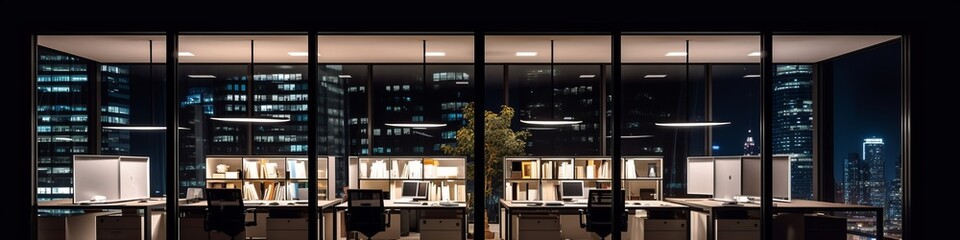night time office space with row of working office table and work station unit modern interior office design,Generative AI