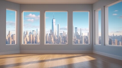 Fototapeta premium empty space interior background clean clear apartment room with high rise modern building in the background out of window home interior concept,Created with Generative AI Technology.