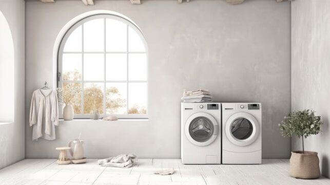 laundry area home interior design clean and clear empty space day light,Created with Generative AI Technology.