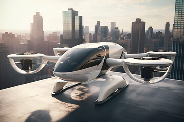 Generative AI. electric vertical takeoff vehicles.futuristic passenger transport. air taxi on roof of building. eco-friendly, sustainable concept.  - obrazy, fototapety, plakaty
