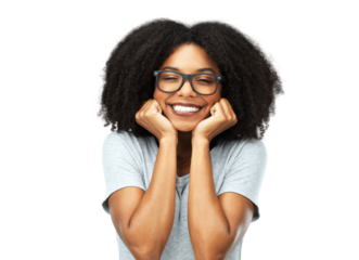 Happy, emoji and excited face of African woman on isolated, transparent or png background or college student smile for announcement. Girl, glasses and success mockup or happiness for promotion