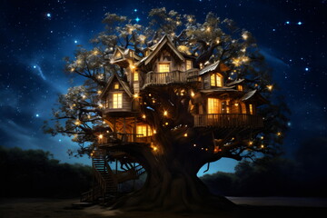 glowing treehouse with fairy lights at night, illustration made with generative ai