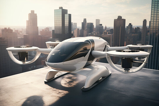 Generative AI. electric vertical takeoff vehicles.futuristic passenger transport. air taxi on roof of building. eco-friendly, sustainable concept. 