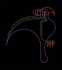  Neon colors line art isolated on a black background Parrot vector design. Exotic tropical bird with a spread wings sits on a branch. 