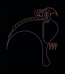 Gardinen  Neon colors line art isolated on a black background Parrot vector design. Exotic tropical bird with a spread wings sits on a branch.  ©  danjazzia