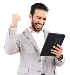 Business man with tablet, winning news and fist pump with yes, success and happy on transparent png...