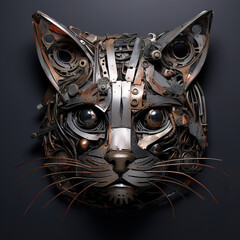Image of cat face made with steel and various metals on clean background. Pet, Animals. Illustration, Generative AI.