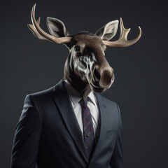 Image of a deer moose businessman wearing a suit on clean background. Wildlife Animals. Illustration, generative AI.