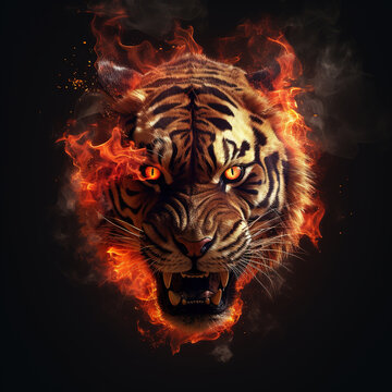 Image of an angry tiger head with a burning fire on black background. Wildlife Animals. Illustration, Generative AI.