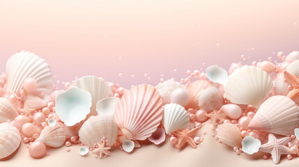 Obraz na płótnie Canvas Illustration of Seashells on pink background with copy space. AI generated Illustration