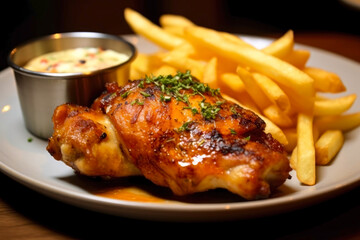 Fototapeta premium Roast chicken leg with french fries and sauce on white plate. Generative AI.