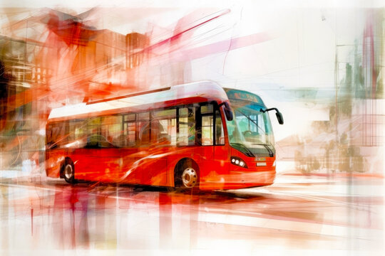 Abstract double decker bus in the city. Blurred background. Generative AI.