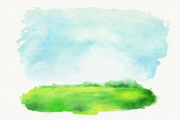 Watercolor illustration of a summer landscape. Green grass, lawn, field, blue sky in watercolor