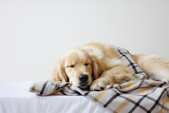 cozy dog resting on a bed covered with a soft blanket. Generative AI
