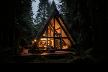 triangle glass cabin in the woods, travel holiday accomodation made with generative ai